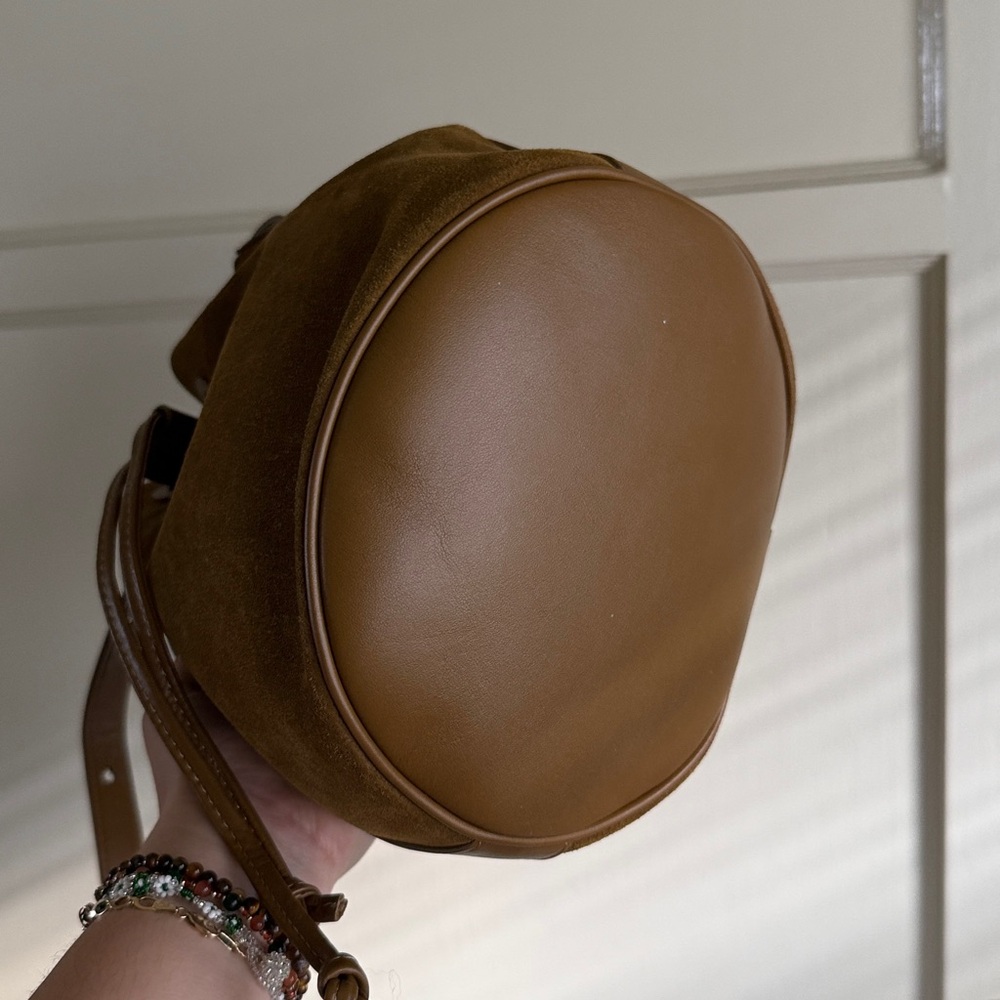 LIKE NEW REFORMATION Ornellia Bucket Bag, Bog Suede - Picture 7 of 9